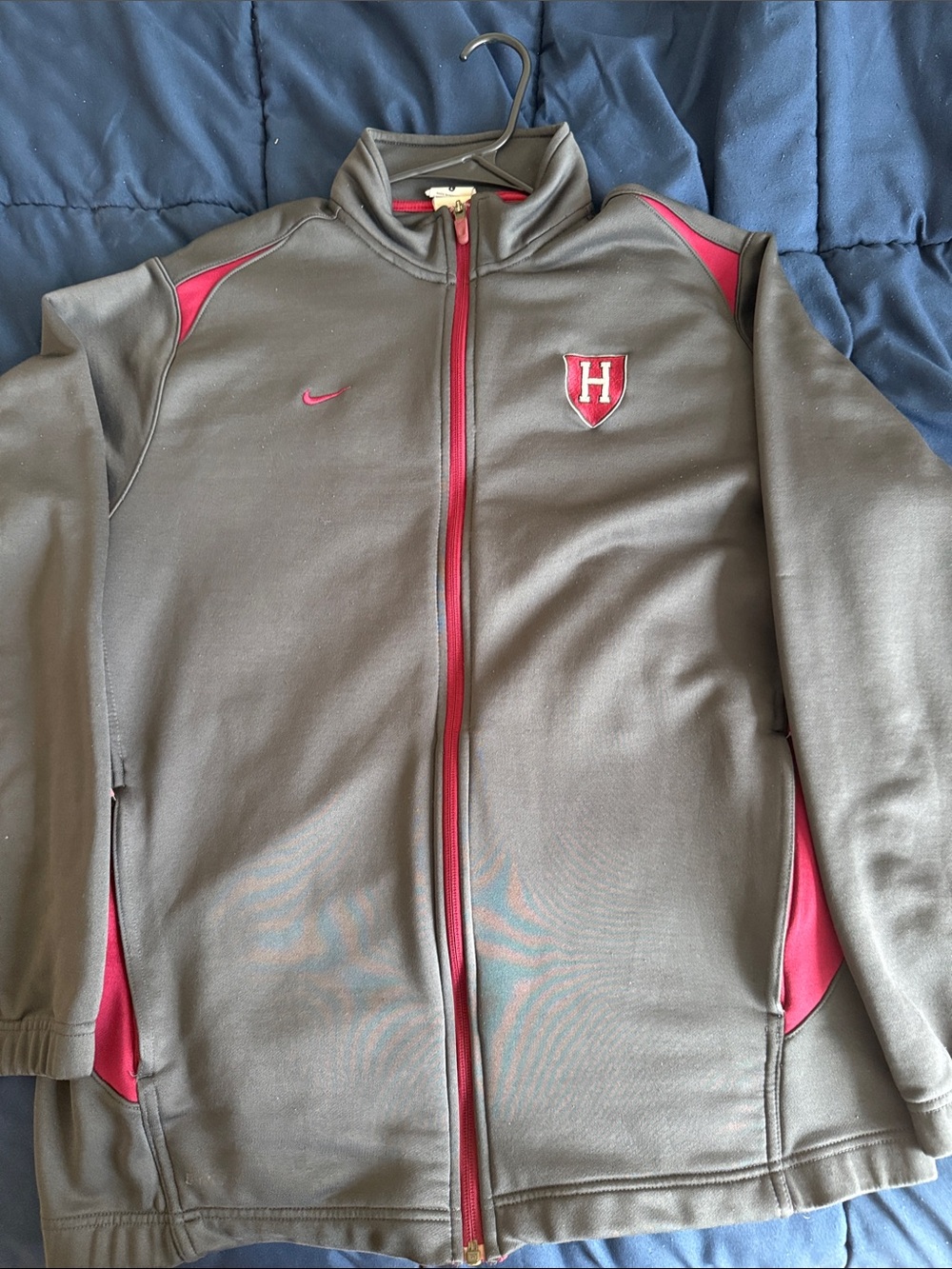Harvard Athletics Men’s Gray Track Jacket with Red Accents and H Crest